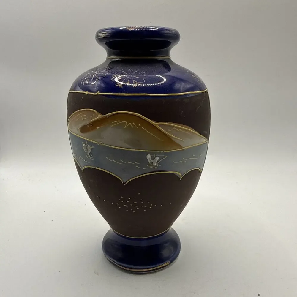 Vintage Japanese Satsuma Style 6” Cobalt Blue Hand Painted Moriage Vase *